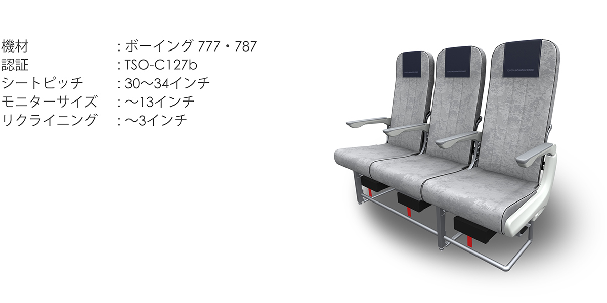 写真:T1 Series/機材:ボーイング777・787 認証:TSO-C127b シートピッチ:30~34インチ モニターサイズ:~13インチ リクライニング:~3インチ